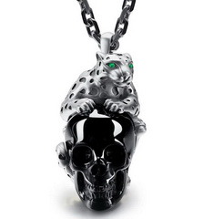Necklace of 1.6" Black Obsidian & 925 Sterling Silver leopard Carved Crystal Skull Pendant with Silver Chain, Skull Jewelry