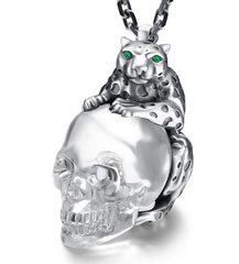 Necklace of Quartz & 925 Sterling Silver leopard Carved Crystal Skull Pendant, 925 Chain.