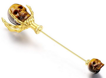 Gold Tiger's Eye Hand Carved Crystal Skull Brooch, 18K Gold-Plated 925 Silver, Skull Jewelry