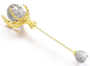 Quartz Rock Crystal Hand Carved Crystal Skull Brooch, 18K Gold-Plated 925 Silver, Skull Jewelry