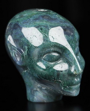 1.9" Green Moss Agate Hand Carved Fairy Elf Alien Crystal Skull Companion Sculpture, Crystal Healing