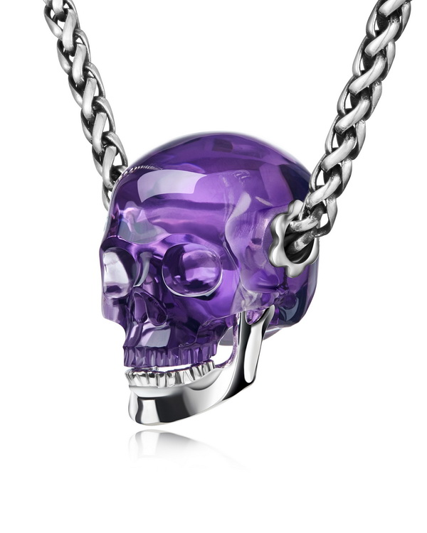 Necklace of 0.9" Amethyst Hand Carved Crystal Skull with detachable Silver Chain Pendant, Skull Jewelry