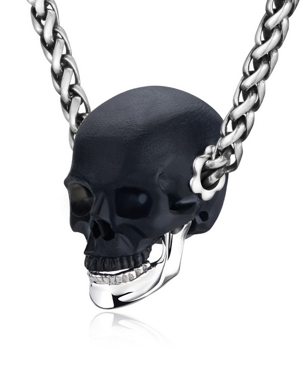 Necklace of 1.0" Frosted Black Obsidian Hand Carved Detachable Crystal Skull Pendant, Silver Chin, Skull Jewelry
