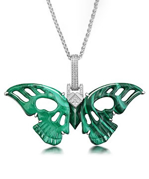 Gemstone 3.3" Malachite Hand Carved Crystal Skull Butterfly Necklace, Crystal Healing