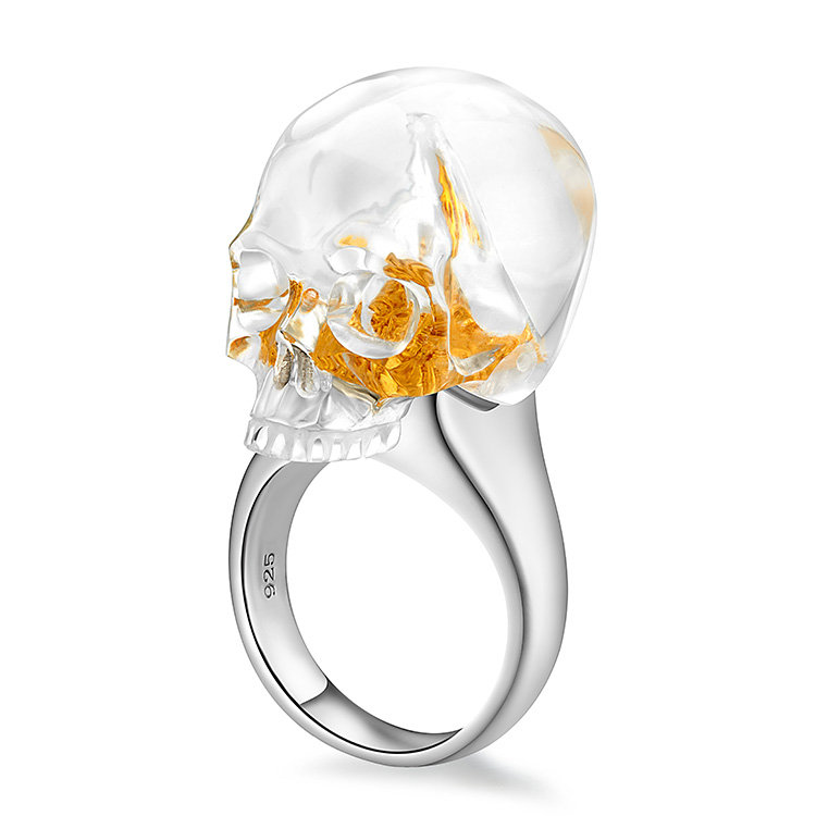 US Size 11# Quartz Rock Crystal Hand Carved Crystal Skull Ring, 925 Silver, Skull Jewelry