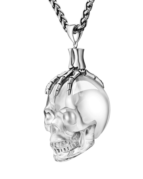 Necklace of 1.5" Quartz Rock Crystal Hand Carved Crystal Skull Pendant, Skull Jewelry