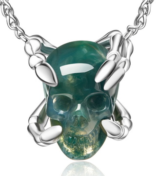 Necklace of 0.8" Green Moss Agate Hand Carved Crystal Skull Pendant, Skull Jewelry
