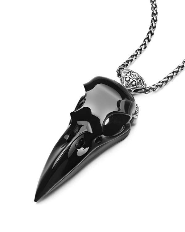 Necklace of 2.2" Black Obsidian Hand Carved Crystal Skull Raven Pendant with Sword, Skull Jewelry