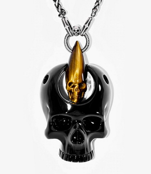 Necklace of Black Obsidian and Gold Tiger Eye Hand Carved Crystal Skull Pendant, Skull Jewelry