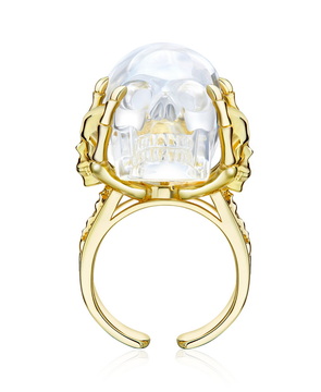 Quartz Rock Crystal Hand Carved Crystal Skull Ring,18k Gold-Plate Silver, Skull Jewelry