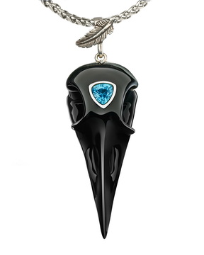 Necklace of 2.2" Black Obsidian Hand Carved Crystal Skull Raven Pendant, Skull Jewelry