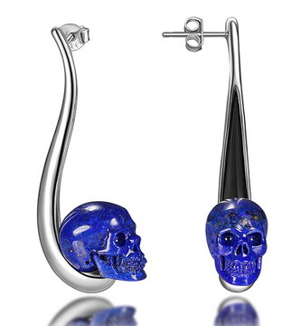 Gemstone  Lapis Lazuli Hand Carved Crystal Skull Earrings, Skull Jewelry