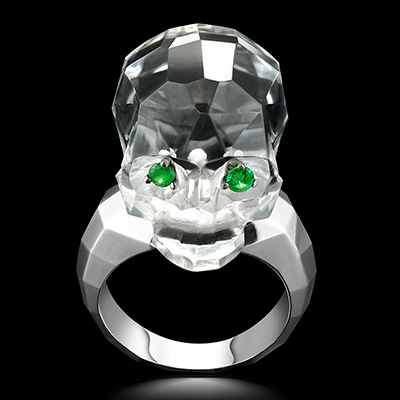 Quartz Rock Crystal Hand Carved Crystal Skull Ring with Emerald Eyes, Skull Jewelry