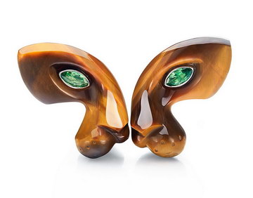  Gold Tiger's Eye Hand Carved Crystal Leopard Head Earrings with Emerald Eyes, Skull Jewelry