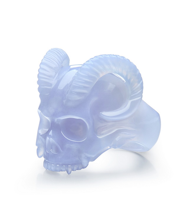 Blue Chalcedony Hand Carved Crystal Skull Ring, Skull Jewelry