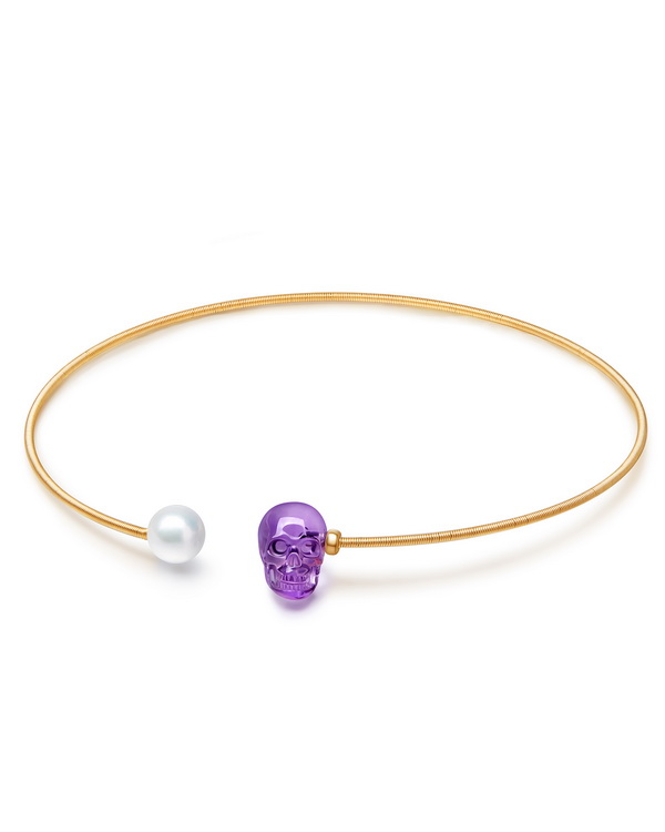 Gemstone Amethyst and Pearl Hand Carved Crystal Skull Necklace, Skull Jewelry