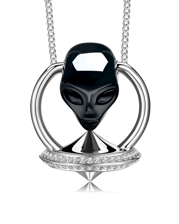 Necklace of 1.7" Black Obsidian Hand Carved Crystal Alien Pendant and 925 Silver UFO with 925 Silver Chain, Skull Jewelry