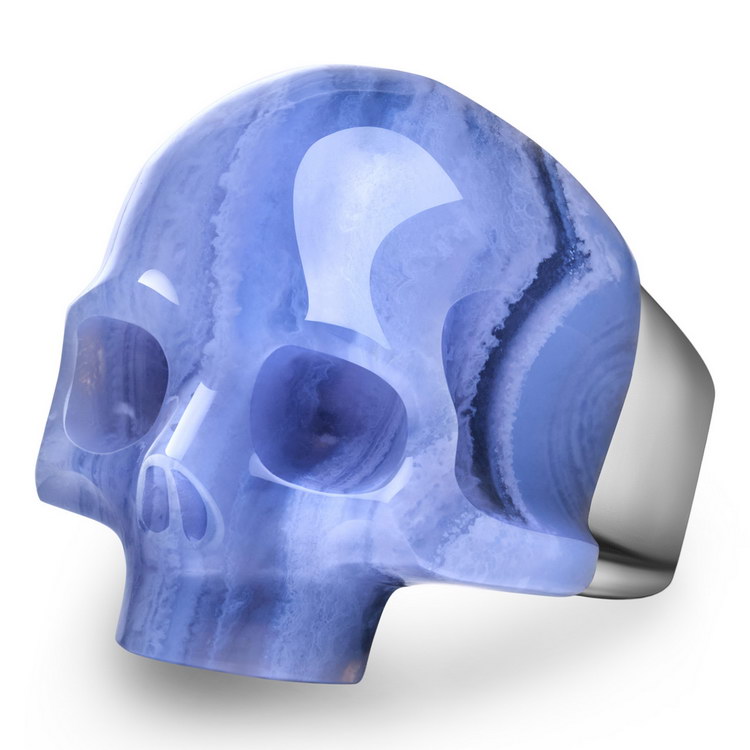 Signature Gem Skull Ring, Blue Lace Agate Hand Carved Crystal Skull Ring, Skull Jewelry