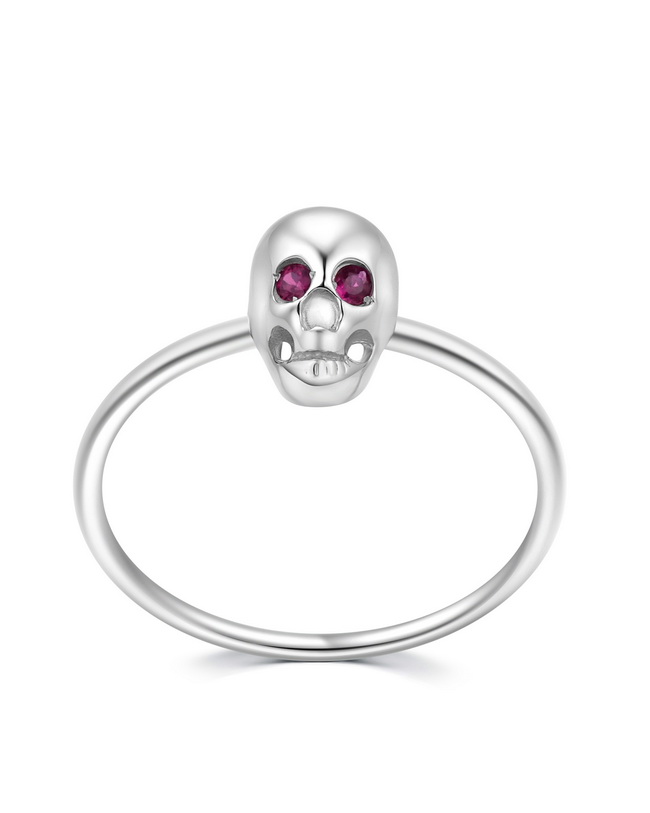 Silver Hand Carved Crystal Skull with Ruby Eyes Ring, Skull Jewelry