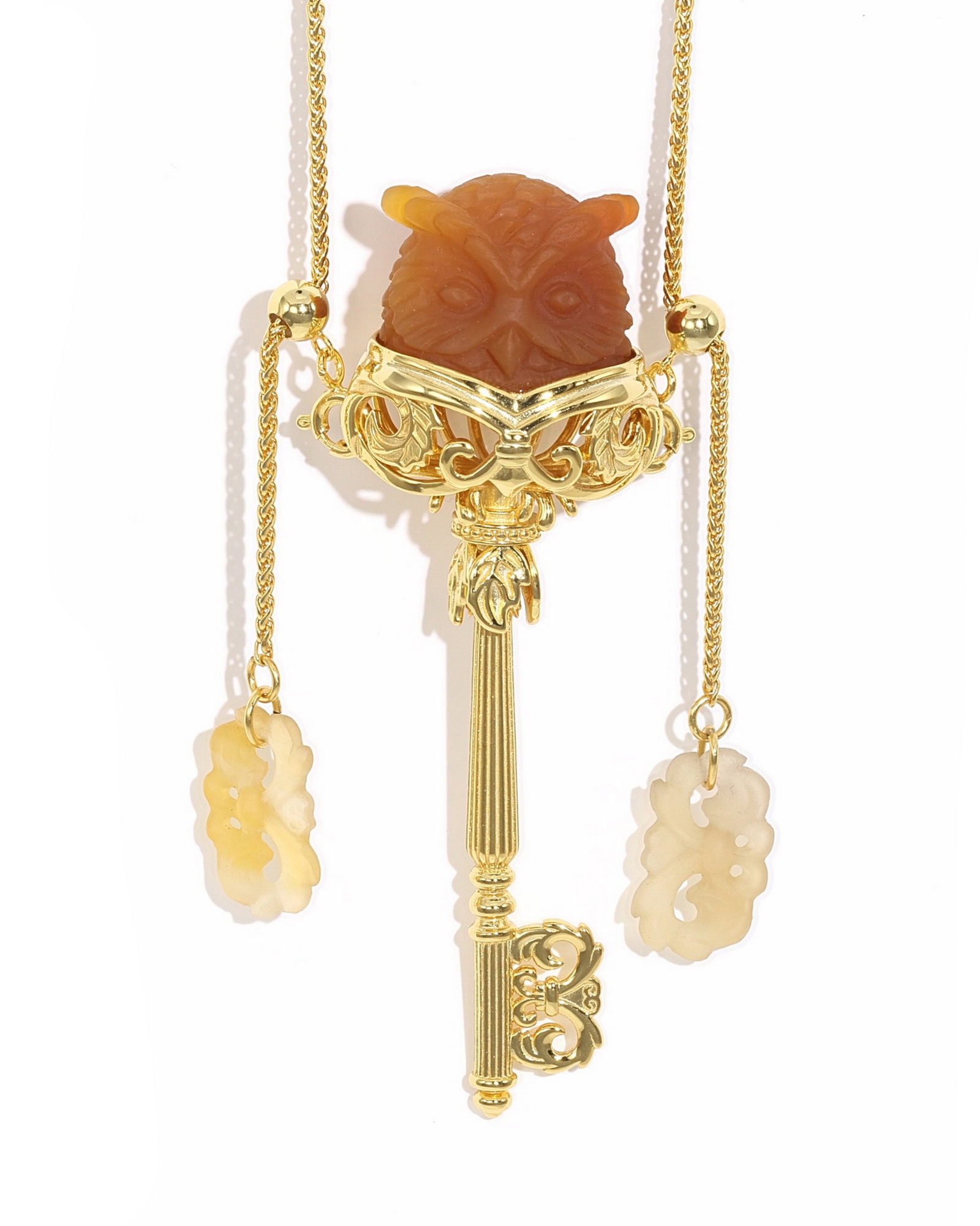 Gem Owl Pendant Necklace of Carnelian Carved Owl in 18K Gold-Plated 925 Silver
