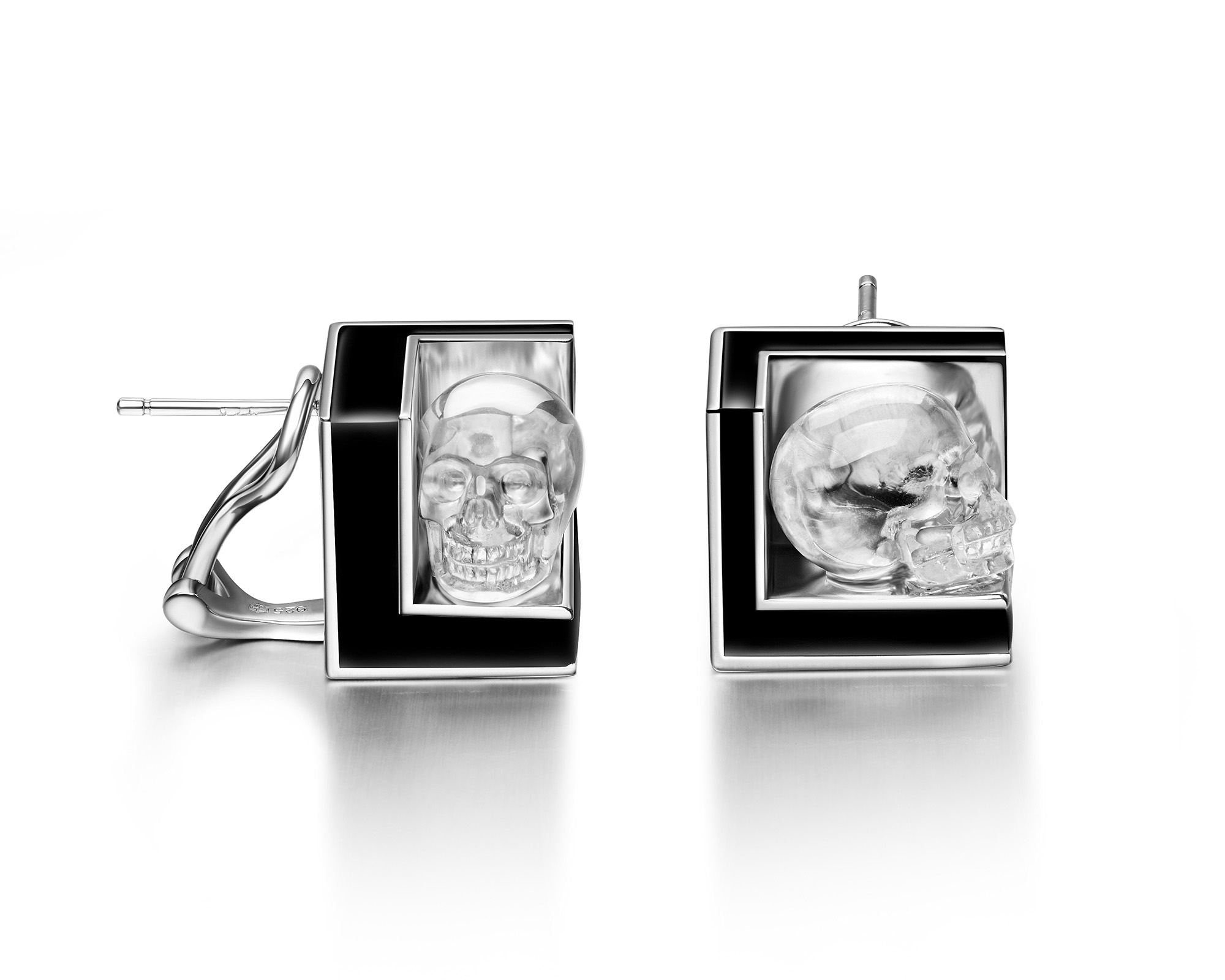 0.9" Quartz Rock Crystal Carved Crystal Skull Earrings