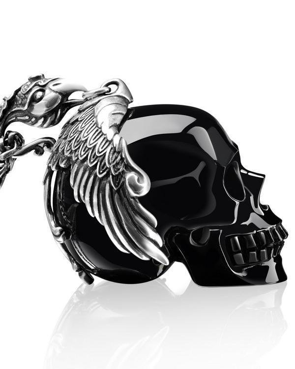 Gem Skull Pendant Necklace of Black Obsidian Carved Skull with Phoenix in 925 Sterling Silver