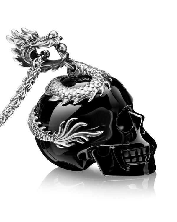 Gem Skull Pendant Necklace of Black Obsidian Carved Skull with Dragon in 925 Sterling Silver