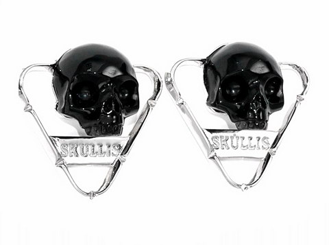 Gem Skull Earrings of Black Obsidian Carved Crystal Skull in 925 Sterling Silver