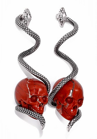 Gem Skull Earrings of Red Jasper Carved Skull with 925 Sterling Silver Snake