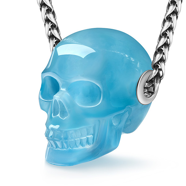 Gemstone Necklace of 1.0" Aquamarine Hand Carved Crystal Skull Pendant, Skull Jewelry