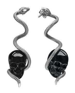 Gem Skull Earrings of Black Obsidian Carved Skull with 925 Sterling Silver Snake