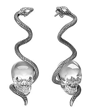 Gem Skull Earrings of Quartz Rock Crystal Carved Skull with 925 Sterling Silver Snake