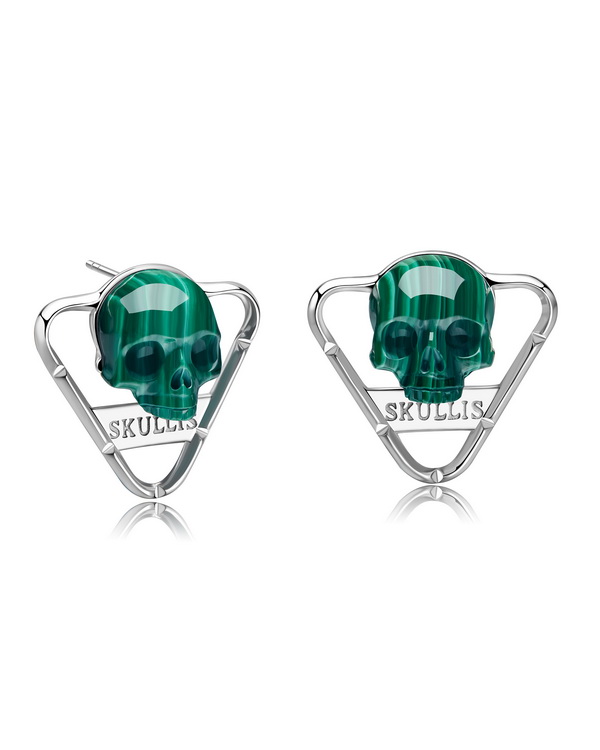 Gem Skull Earrings of Malachite Carved Crystal Skull in 925 Sterling Silver