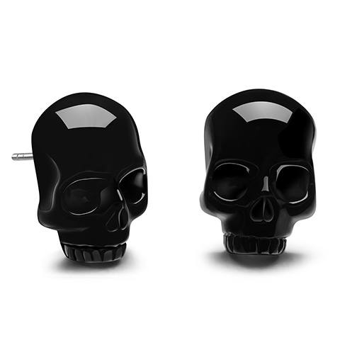 Gem Skull Earrings of Black Obsidian Carved Crystal Skull in 925 Sterling Silver