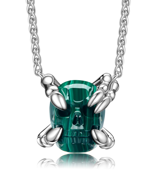 Necklace of 0.9" Malachite Hand Carved Crystal Skull Pendant with 925 Silver Chain, Skull Jewelry