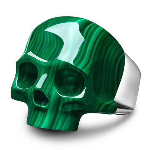 Gemstone Malachite Hand Carved Crystal Skull Ring, Skull Jewelry