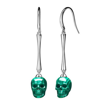 Gemstone Malachite Hand Carved Crystal Skull Earrings, Skull Jewelry