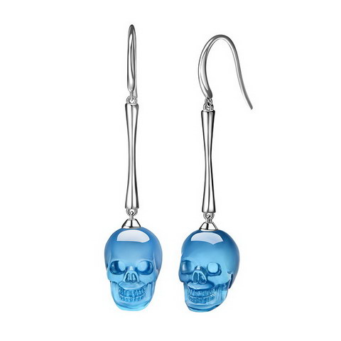 Gemstone Aquamarine Hand Carved Crystal Skull Earrings, Skull Jewelry