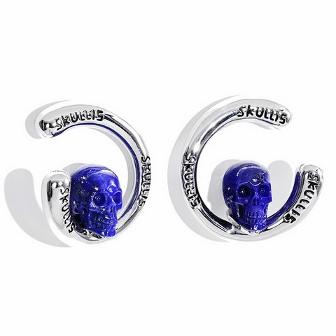 Lapis Lazuli Hand Carved Crystal Skull Earrings, Skull Jewelry