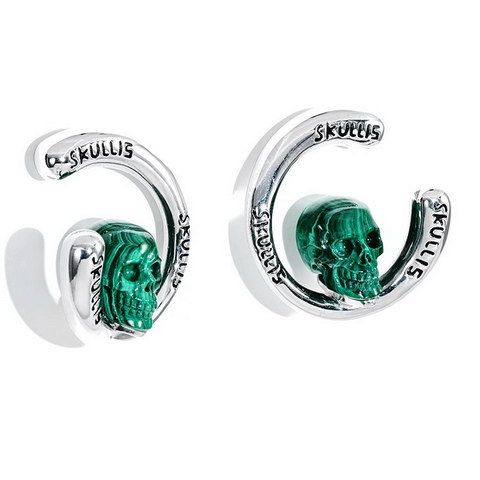 Malachite Hand Carved Crystal Skull Earrings, Skull Jewelry
