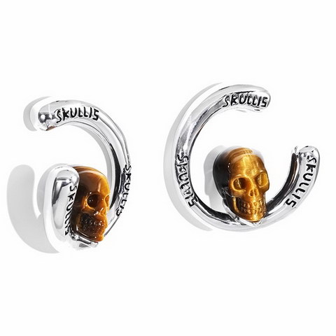 Gold Tiger's Eye Hand Carved Crystal Skull Earrings, Skull Jewelry