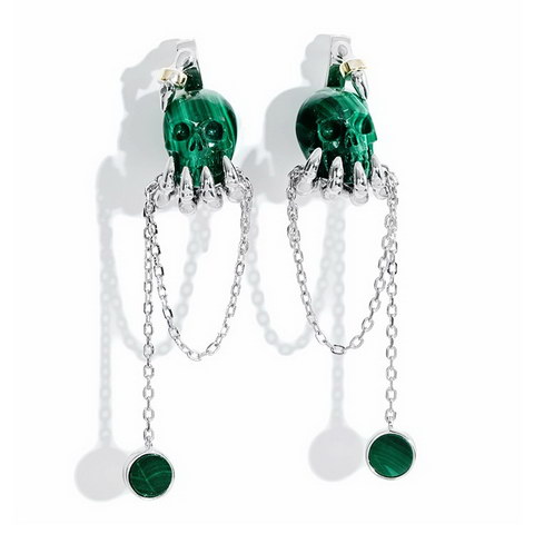 Malachite Hand Carved Crystal Skull Earrings, Skull Jewelry