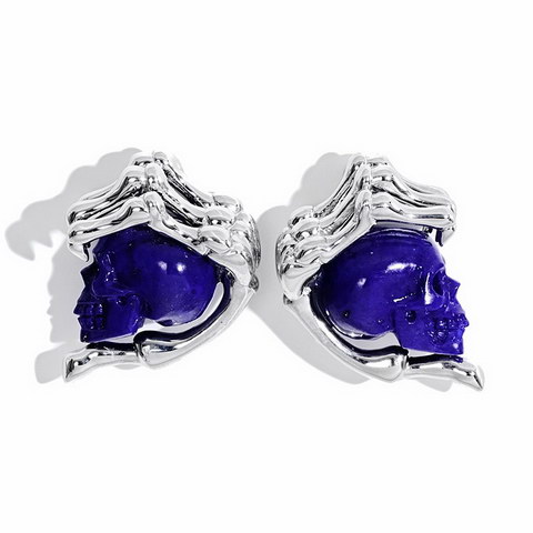 Lapis Lazuli Hand Carved Crystal Skull Earrings, Skull Jewelry