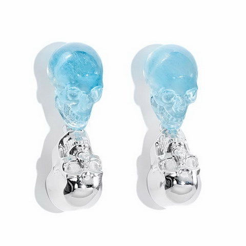 Aquamarine Hand Carved Crystal Skull Earring, Skull Jewelry