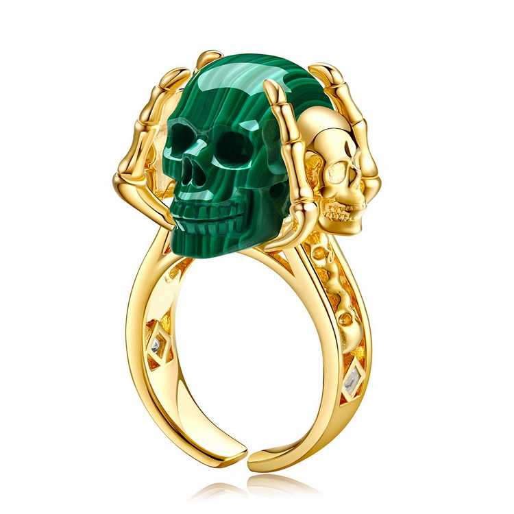 Crown of the Undaunted - Gem Skull Ring of Malachite Carved Skull in 18k Gold-Plate Silver, Skull Jewelry