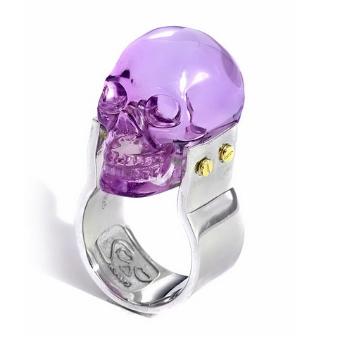 Gemstone Amethyst Hand Carved Crystal Skull Ring, Skull Jewelry