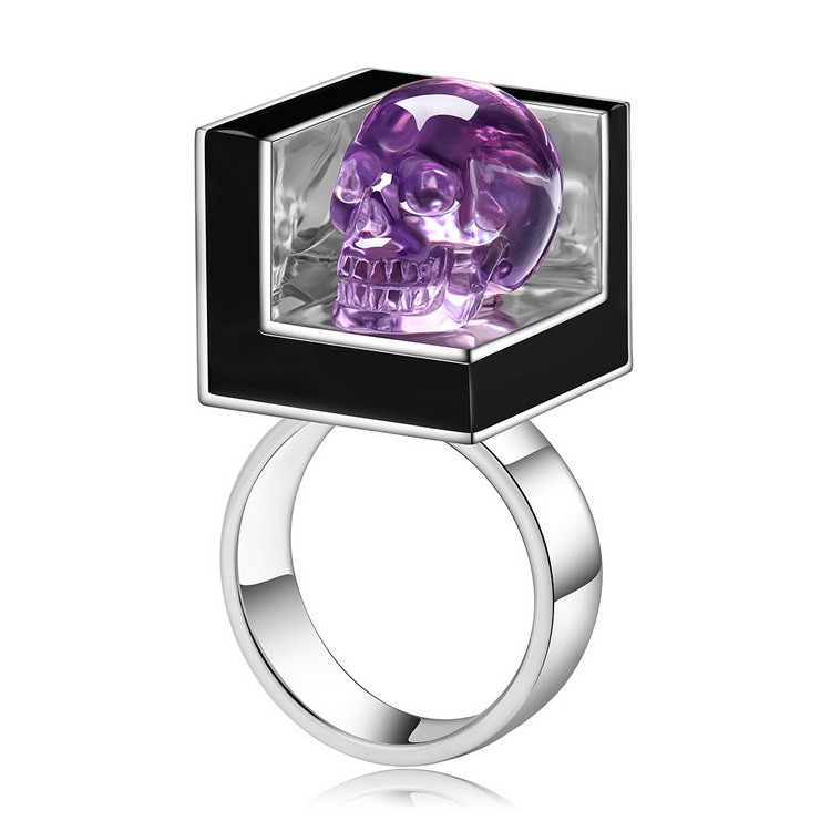 Gemstone Amethyst Hand Carved Crystal Skull Ring with Black Enamel, Skull Jewelry