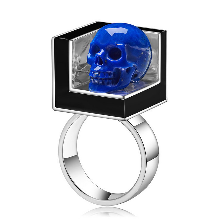 Gemstone Lapis Lazuli Hand Carved Crystal Skull Ring with Black Enamel, Skull Jewelry