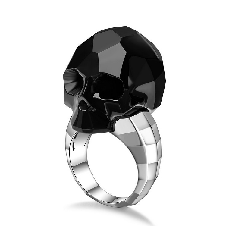 Facets of Fates - Gem Skull Ring of Black Obsidian Carved Faceted Skull in 925 Sterling Silver, Skull Jewelry