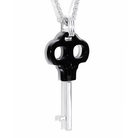 Necklace of 2.4" Black Obsidian Hand Carved Crystal Skull Key Pendant, Skull Jewelry